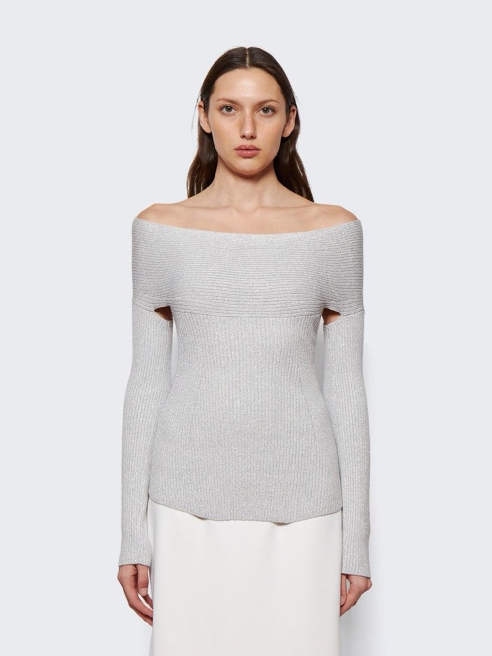 KHAITE Salma Off Shoulder Rib Knit Wool Top Long-Sleeve Chrome Medium NWT - Picture 9 of 10